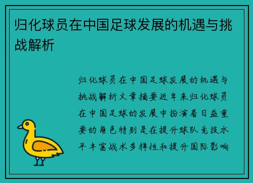 归化球员在中国足球发展的机遇与挑战解析